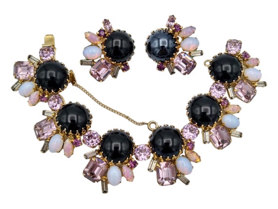 Rhinestone Bracelet Earrings Set, Black Cabochons… - image 1
