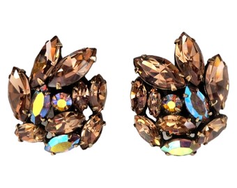 Brown Regency Clip Earrings, Light Minky Brown Rhinestones with Topaz Aurora Borealis Clip Earrings!