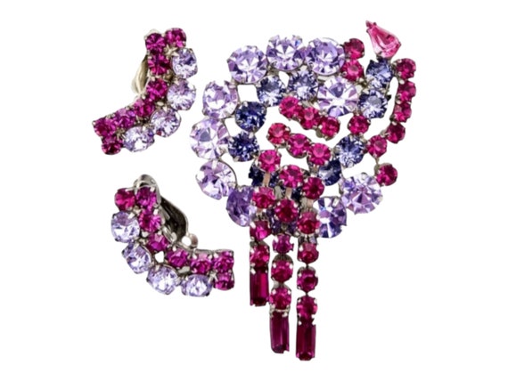 Rhinestone Brooch Earrings Set, Exceptional Pink … - image 1