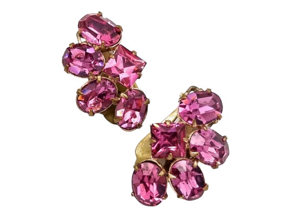 Pink Rhinestone Earrings, Oval and Square Cut Rhi… - image 1