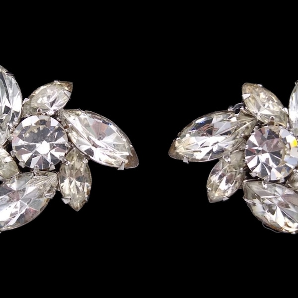 Rhinestone Earrings, Clear Marquise and Chaton Cut Rhinestones, Clip Earrings!