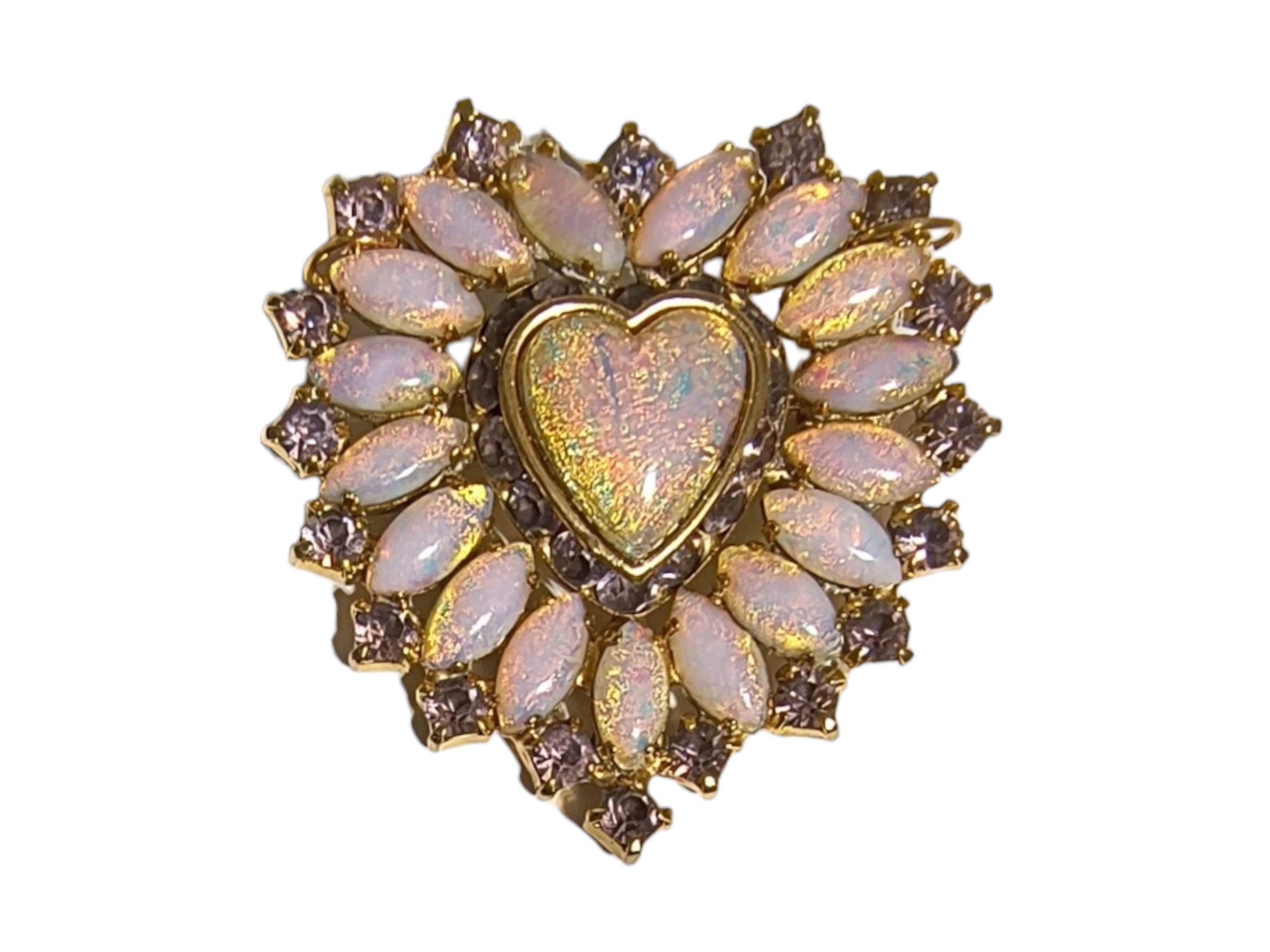 Vintage Rhinestone Heart Brooch: Pink Opaline & Lavender
