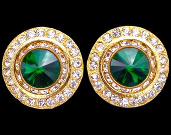 Boucles d’oreilles en strass vert, boucles d’oreilles énormes, strass Rivoli verts et boucles d’oreilles clip en strass clair !