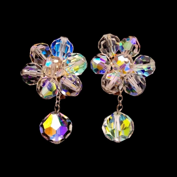 Crystal Clip Earrings, Aurora Borealis Dangly Ear… - image 1