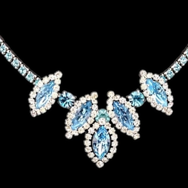 Blue Weiss Necklace, Signed Weiss Rhinestone Necklace, Baby Blue and Aqua Blue Rhinestones with Icy Crystal Rhinestone Coronas!