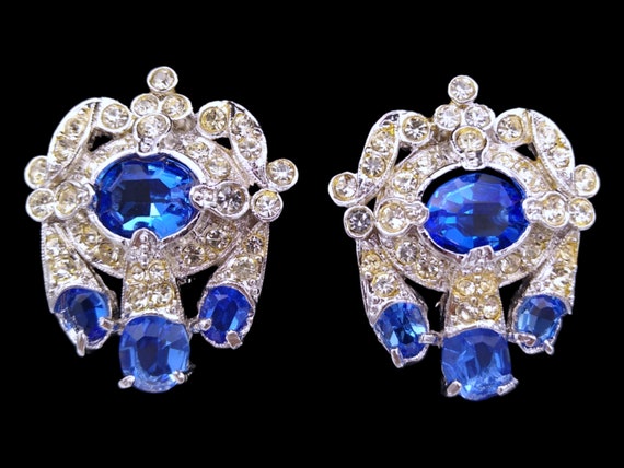 Weinberg Rhinestone Earrings, Royal Blue and Clea… - image 1