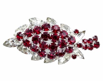 Red Rhinestone Brooch, Large Cherry Red and Icy Crystal Rhinestone Brooch!