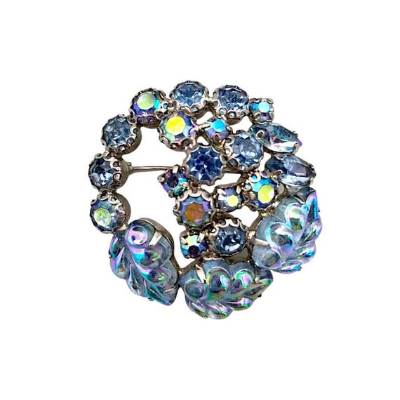 Weiss Rhinestone Brooch: Blue Aurora Borealis Glass Leaves