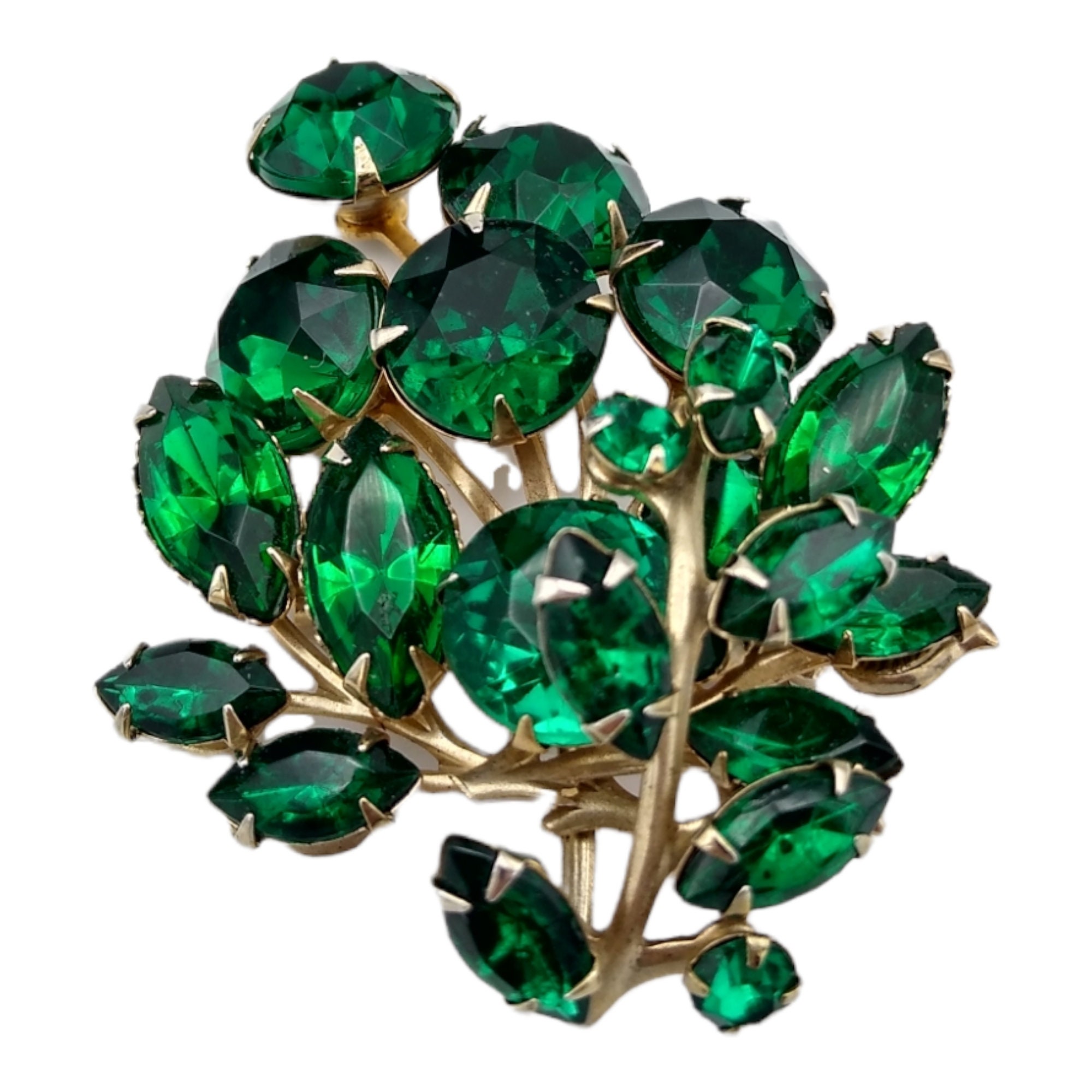 Green Rhinestone Brooch, Vivid Emerald Green Rhinestones, Leafy Floral  Frond Brooch 