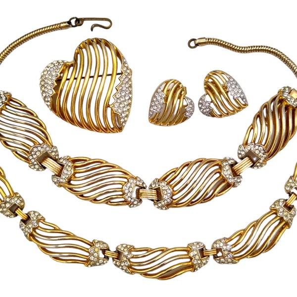 Trifari Hearts Parure, Necklace Bracelet Brooch Earrings Set, Clear Pavé Set Rhinestones in Gold Tone Metal!