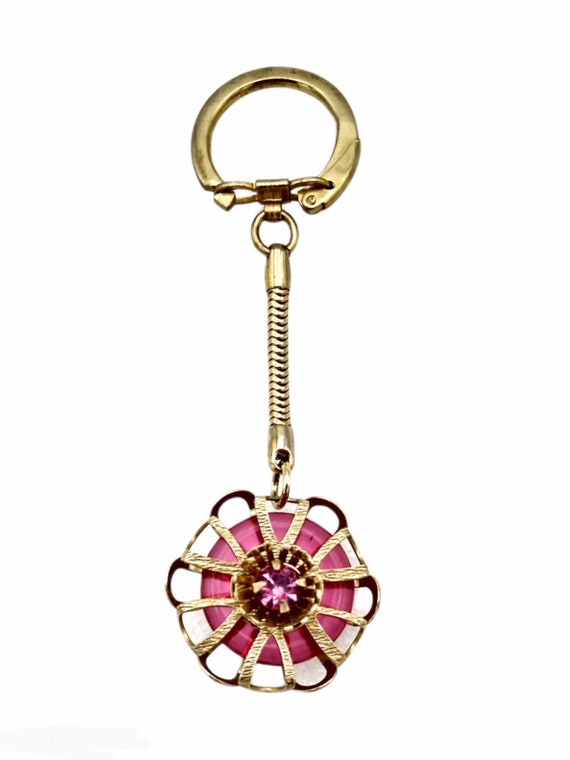 Pink Rhinestone Keychain, Punk Lucite Disk and Pin