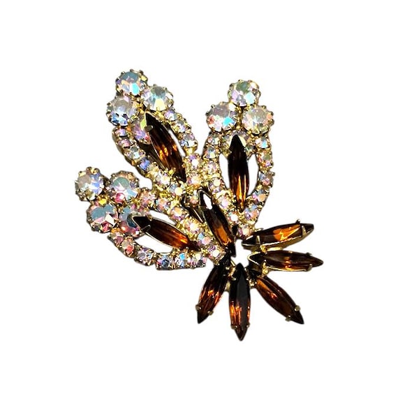 Topaz and Aurora Borealis Rhinestone Brooch, Floral Design