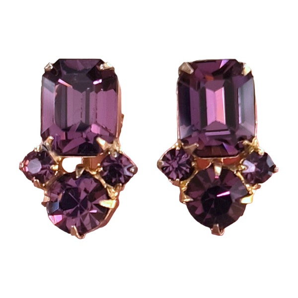 Purple Rhinestone Earrings, Emerald Cut Rhinestones, Screw Back