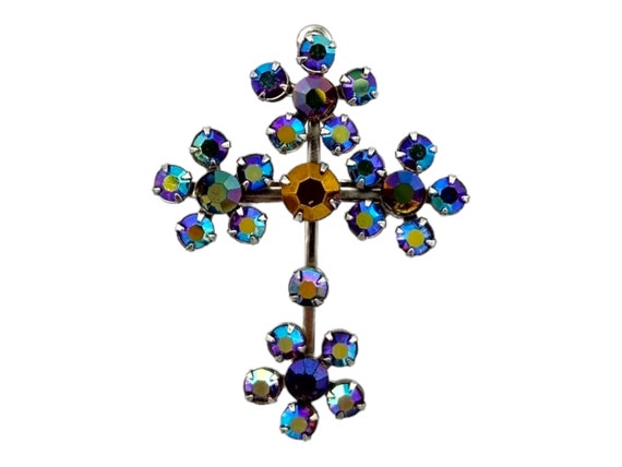 Rhinestone Cross Brooch, Dark Gray Aurora Boreali… - image 1