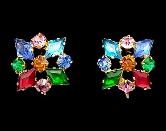 Signed Czechoslov Multicolor Rhinestone Screw Back Earrings with Diamond Shaped Rhinestones!