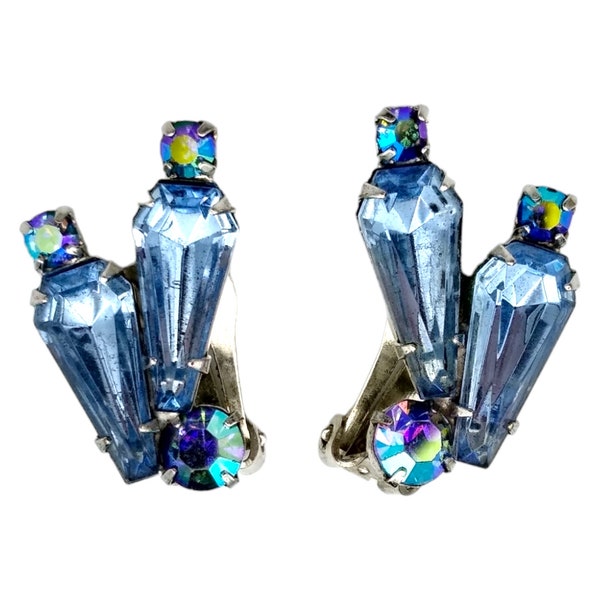 Blue Rhinestone Earrings, Elongated Like that Sapphire Blue Rhinestones and Blue Aurora Borealis Rhinestones!