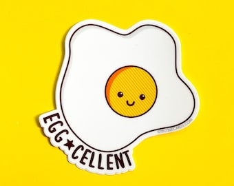 Fried Egg Vinyl Decal "Egg-cellent!" - kawaii egg, funny sticker, foodie sticker, cute fried egg pun, for laptop water bottle