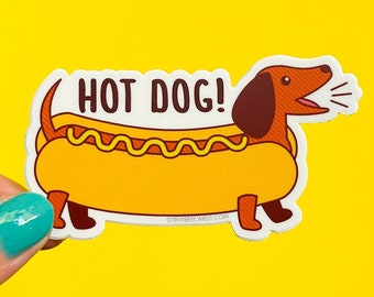 Dachshund Vinyl Sticker Pun "Hot Dog!" - funny dog lover gift, punny decal, dishwasher safe, doxie hot dog