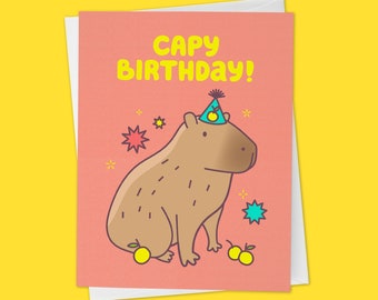 Capybara Birthday Card "Capy Birthday" - animal lover card, capybara with yuzu, funny bday card for friend, happy birthday animal lover