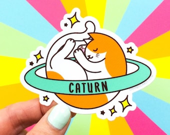 Cute Cosmic Cat Sticker "Caturn" - outer space cat laptop sticker, cat lover gift, cat planet saturn, orange cat owner gift, animal decal