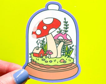 Mushroom Terrarium Vinyl Sticker - Cozy Cute Cottagecore Fairy House and Plants