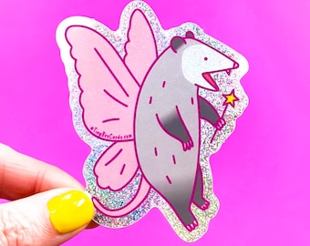 Fairy Opossum Glitter Vinyl Sticker - Funny Whimsical Trash Animals Decal