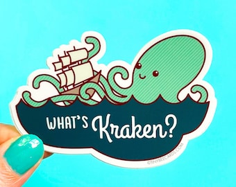 Kraken Vinyl Sticker "What's Kraken?" - octopus cryptid decal, legendary sea creature, steampunk gifts, nautical sticker, funny pun