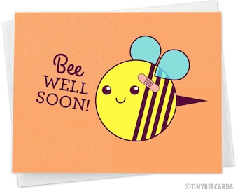 Carte de guérison « Bee Well Soon » - Jeu de mots abeille, guérison amusante, carte mignonne, abeille mignonne, abeille jaune, carte abeille, saumon orange