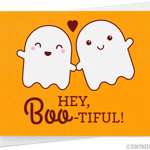 Funny Halloween Love Card "Hey Boo-tiful" - halloween pun card, cute ghost, card for girlfriend, card for wife, funny card, greeting cards