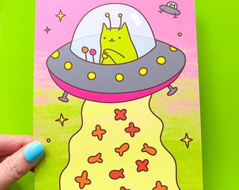 Alien Space Cat Art Print - Funny UFO Cat Beaming Up Kibble (5x7)