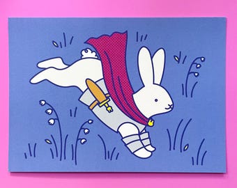 Medieval Bunny Art Print - Rabbit Quest With Dagger (5x7)