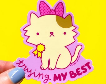 Trying My Best Cat Vinyl Sticker - Self Love, Mental Health Coquette Water Bottle Laptop Decal