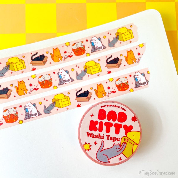 Bad Kitty Washi Tape - Cute Cat Mischief, Stationary Supply for Journaling, Scrapbooking & Art