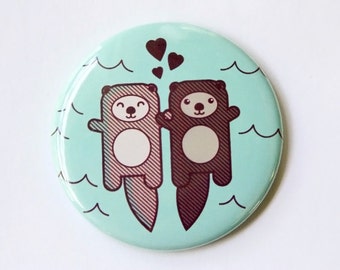 Otters Refrigerator Magnet or Pin - love or engagement gift, otters holding hands, fridge magnet, nerdy gift, party favor