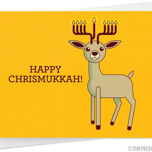 Happy Chrismukkah Card - Christmas card AND Hanukkah card, Reindeer card, Menorah Card, Nondenominational Card, Happy Holidays Card