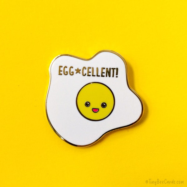 Fried Egg Hard Enamel Pin Egg-cellent - happy funny kawaii breakfast food pun, gold lapel cloisonne backpack badge