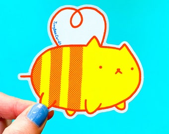 Cat Bee Vinyl Sticker - Funny Cute Kitty Lovers, Bug Decal for Water Bottle, Tumbler, Laptop Etc