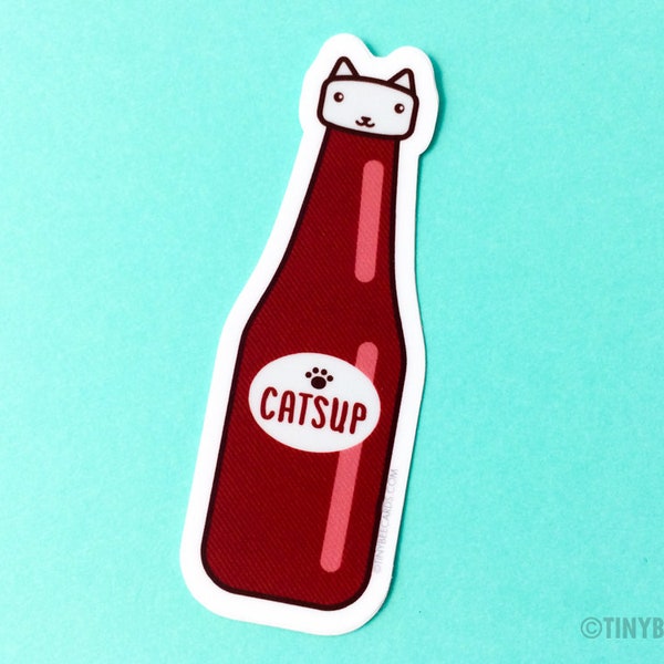 CLEARANCE - Catsup Cat Vinyl Sticker - cat lover sticker, kawaii cat pun, foodie cat, diner food, water bottle sticker, funny laptop sticker