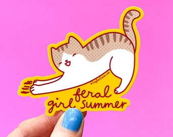 Cat Vinyl Sticker "Feral Girl Summer" - Funny Waterbottle Planner Decal Gift for Her, Hot Girls, Pet Adoption Rescue Animals