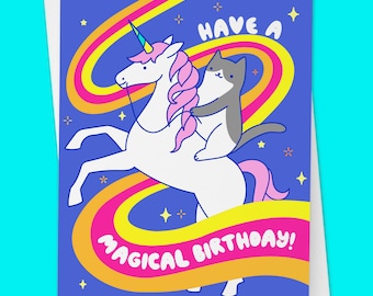 Unicorn and Cat Birthday Card "Have A Magical Bday" - Hand Drawn Colorful Art for Friend or Family