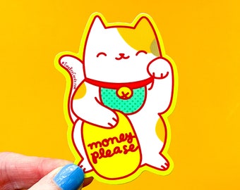 Lucky Cat Maneki Neko Vinyl Sticker "Money Please" - Japanese Beckoning Cat Decal for Water Bottle, Laptop, Shops Etc