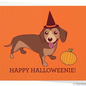 Halloween Card "Happy Halloweenie" - Dachshund art, dog card, doxie lover card, dachshund card, gift card, cute dog art, hand drawn vector