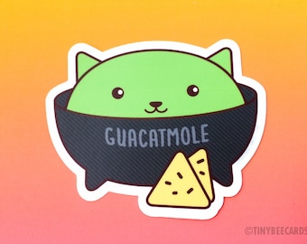 CLEARANCE - Guacamole Cat Vinyl Sticker "Guacatmole" - food sticker, Mexican food cat pun, funny sticker, chips and guac, kawaii cat sticker