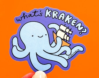 Kraken Vinyl Sticker "What's Kraken?" - octopus cryptid decal, legendary sea creature, steampunk nautical gift, funny pun