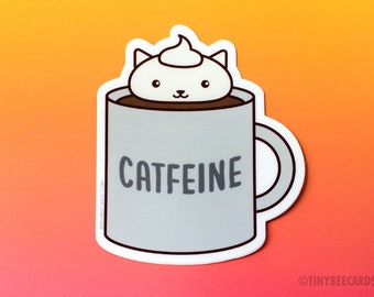 Coffee Cat Vinyl Sticker "Catfeine" - coffee sticker, caffeine cat pun, cat lover gift, coffee lover gift, cat stocking stuffer, kawaii cat