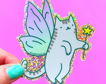 Fairy Cat Glitter Whimsical Vinyl Sticker