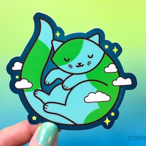 Cute Earth Cat Sticker "Purrth" - cosmic outer space cat laptop sticker, cat lover gift, cat planet, cat owner gift, animal decal, kitty art image 1