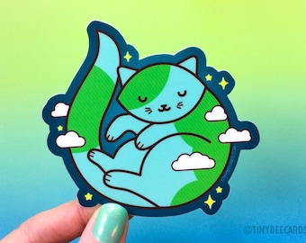 Cute Earth Cat Sticker "Purrth" - cosmic outer space cat laptop sticker, cat lover gift, cat planet, cat owner gift, animal decal, kitty art