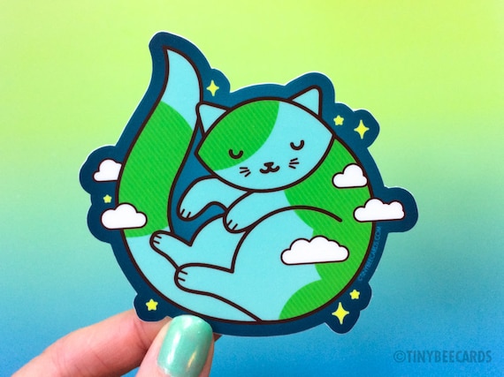 Cute Earth Cat Sticker "Purrth" - cosmic outer space cat laptop sticker, cat lover gift, cat planet, cat owner gift, animal decal, kitty art