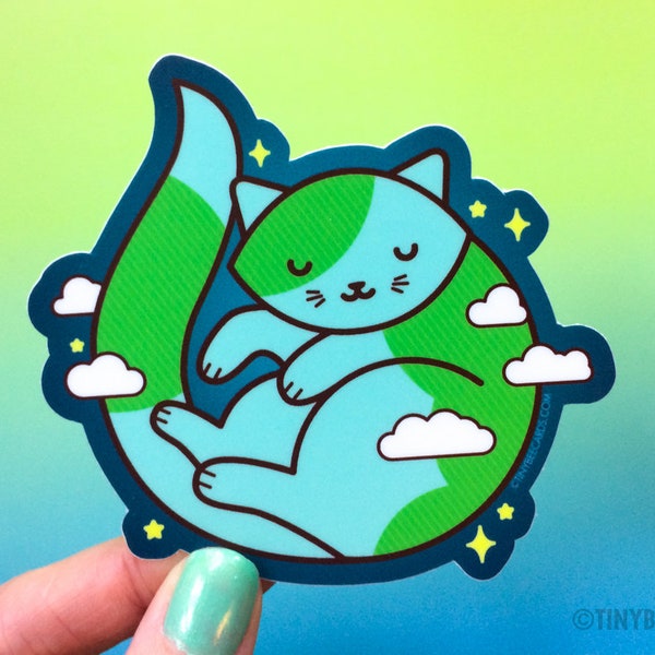 Cute Earth Cat Sticker "Purrth" - cosmic outer space cat laptop sticker, cat lover gift, cat planet, cat owner gift, animal decal, kitty art